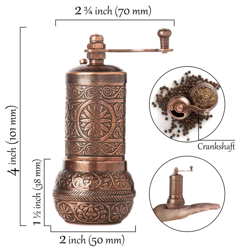 Crystalia Decorative Black Pepper Grinder, Refillable Turkish Spice Mill with Adjustable Coarseness, Manual Pepper Mill with Handle, Spice Grinder Metal with Hand Crank, Copper - Image 5